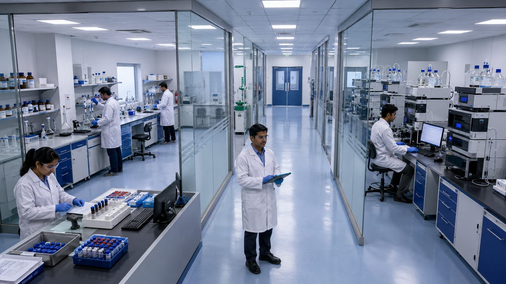 Modern pharmaceutical quality-control laboratory showing wet-chemistry and HPLC work areas.